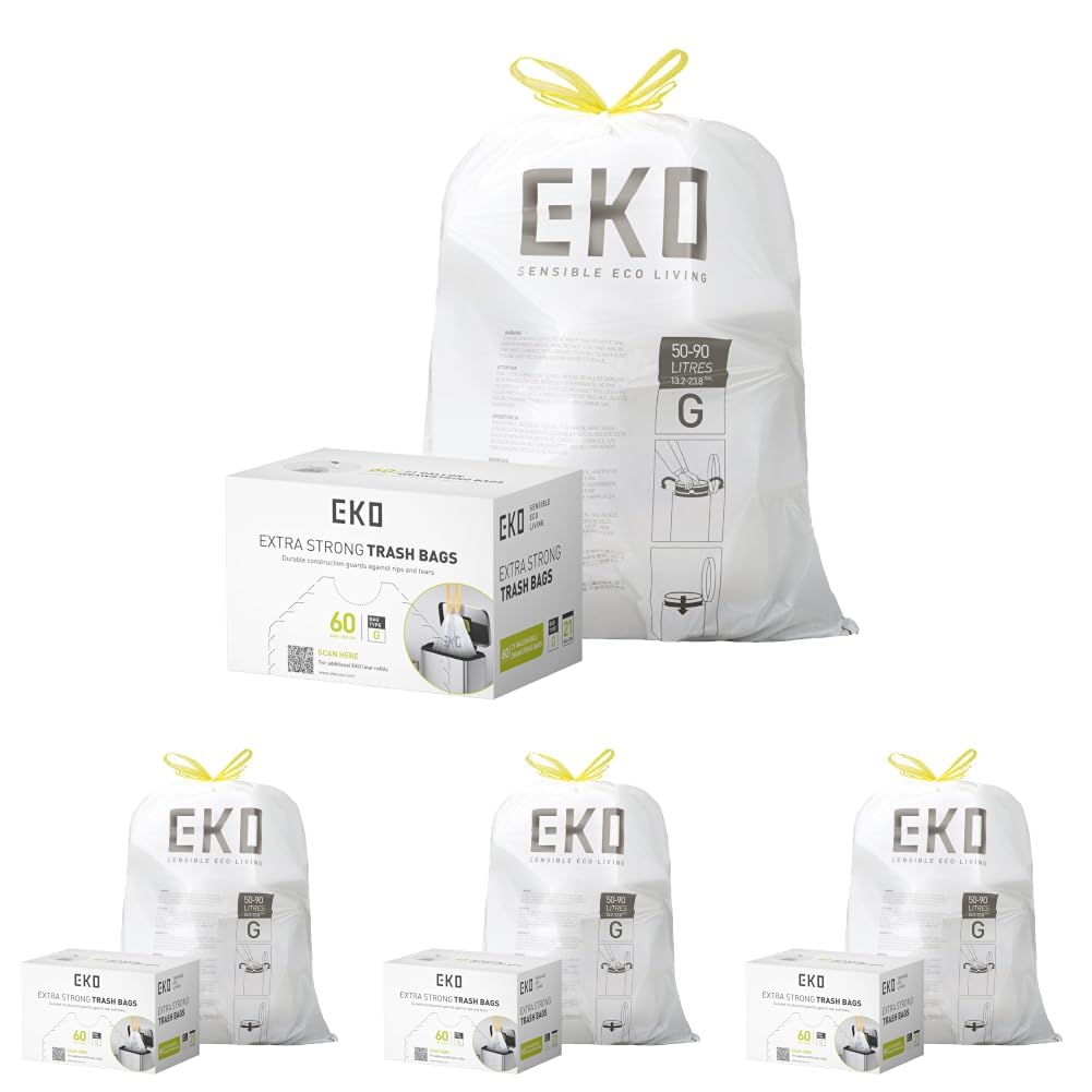 EKO 21 Gallon / 50-90 Liter, 60 Count Drawstring Trash Bags, Extra-Strong Unscented Garbage Bags, Easy-Dispense Roll for Kitchen & Household Use, Code G, White
