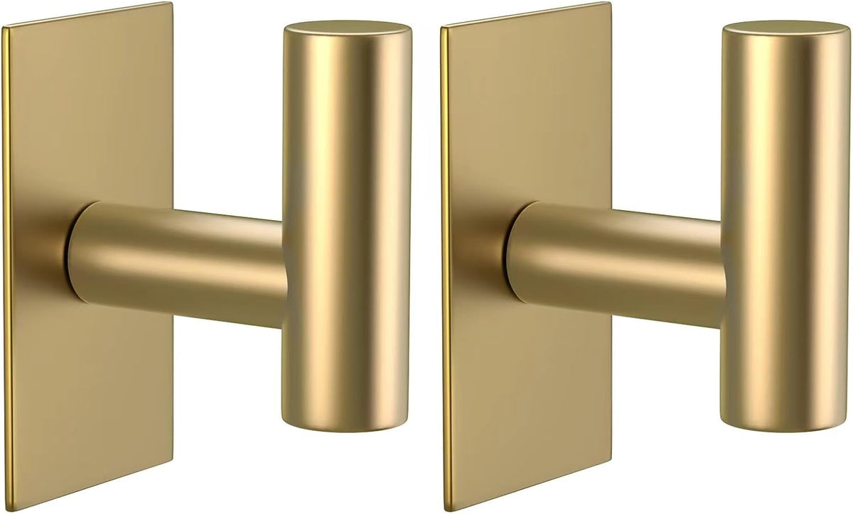 VAEHOLD Wall Towel Hooks, Heavy Duty Sticky Holder Waterproof Towel Hooks for Hanging Coat, Clothes, Closet Hook Wall Mount for Kitchen (Gold, 2 Pack)