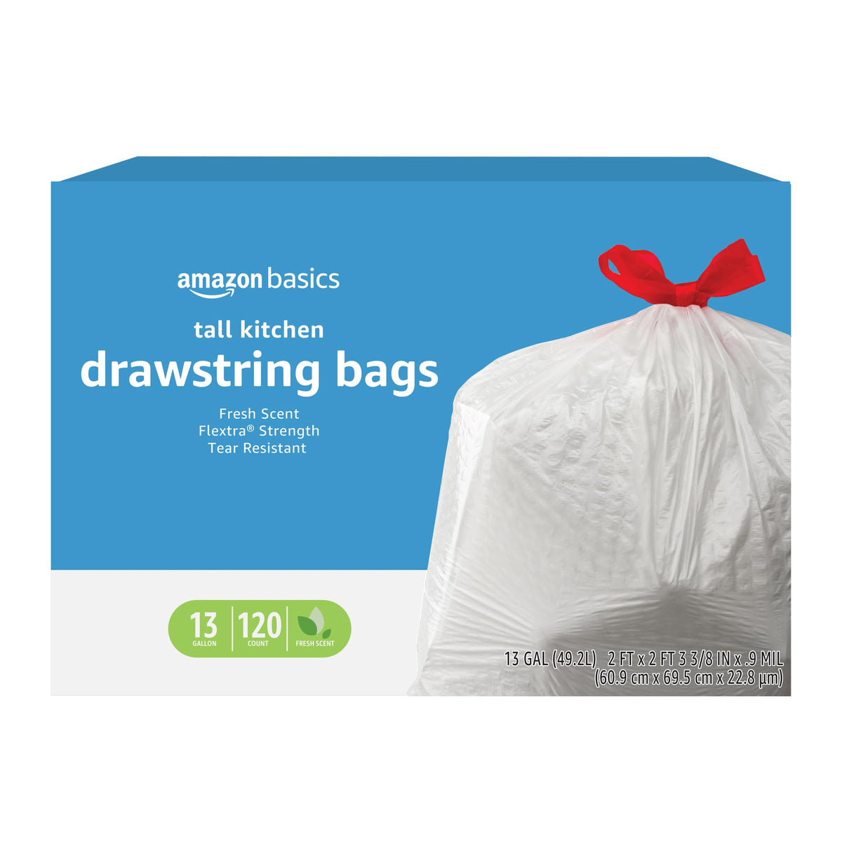 Amazon Basics 13 Gallon Flextra Strength Tall Kitchen Drawstring Trash Bags, Tear Resistant, 90 count