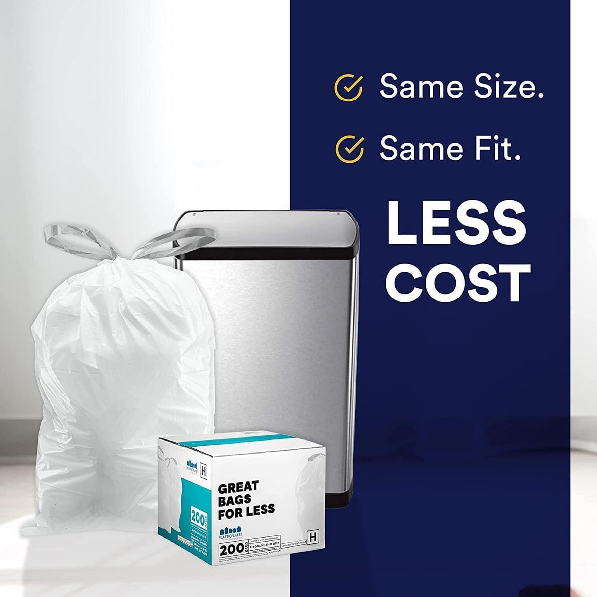 Plasticplace Custom Fit Trash Bags Compatible with simplehuman Code Q (200 Count) Drawstring Garbage Bags 13-17 Gallon White, Tear-Resistant Tall Kitchen Trash Bags for Garbage Cans Recycling 1.2 Mil