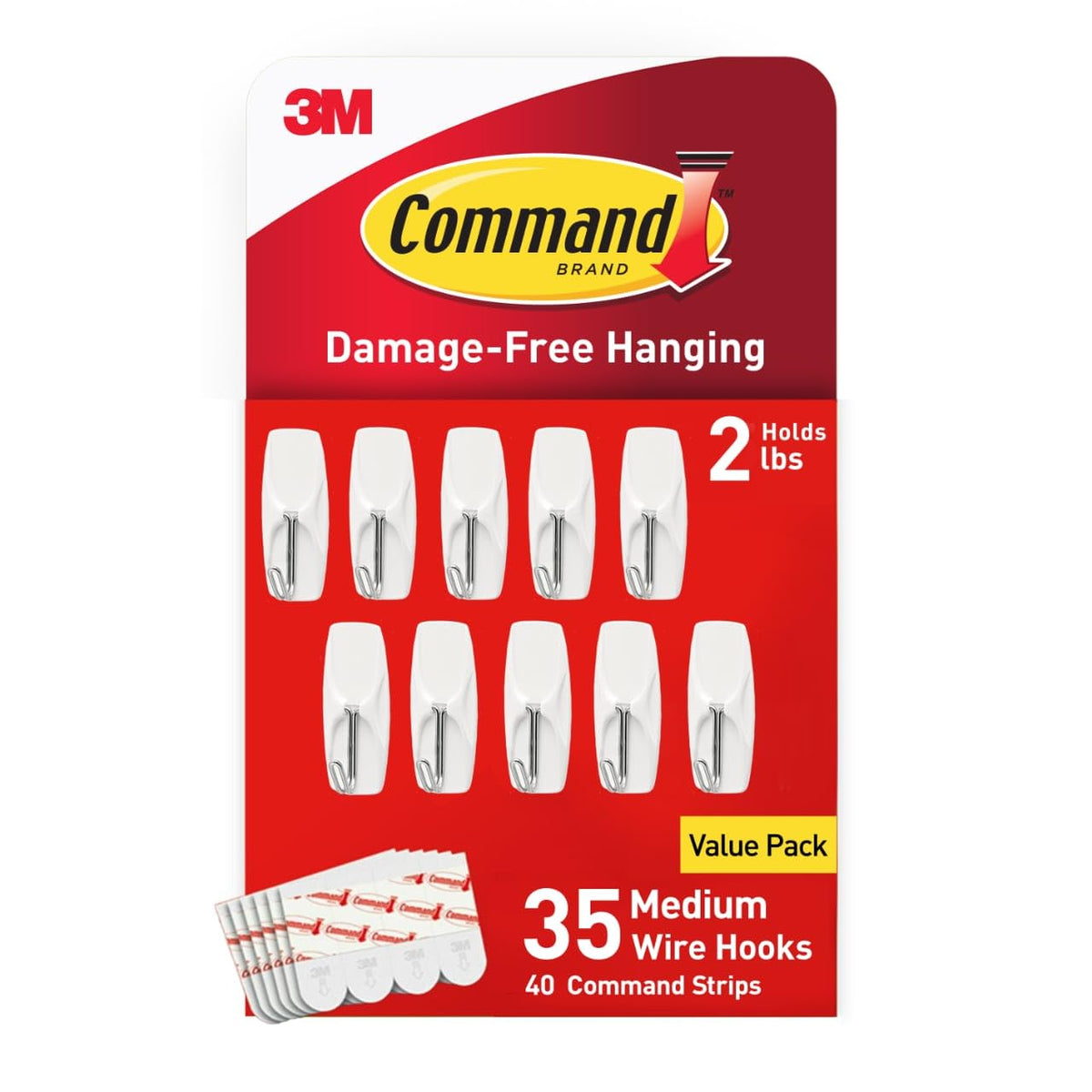 Command Medium Wire Toggle Hooks, 35 Hooks and 40 Strips, Damage-Free Hanging Wall Hook with Adhesive Strips, No Tools Great for Hanging, Organization and Storage, Holds up to 2 lb