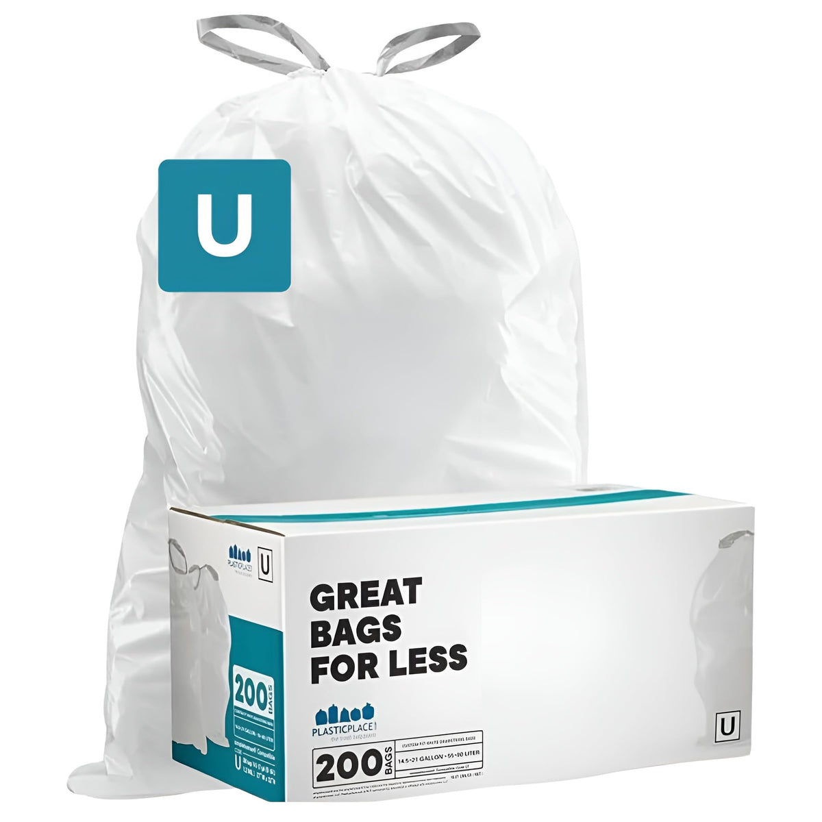 Plasticplace Custom Fit Trash Bags, Compatible with simplehuman Code U (100 Count) White Drawstring Garbage Liners 14.5-21 Gallon/ 55-80 Liter 26.5" x 32"