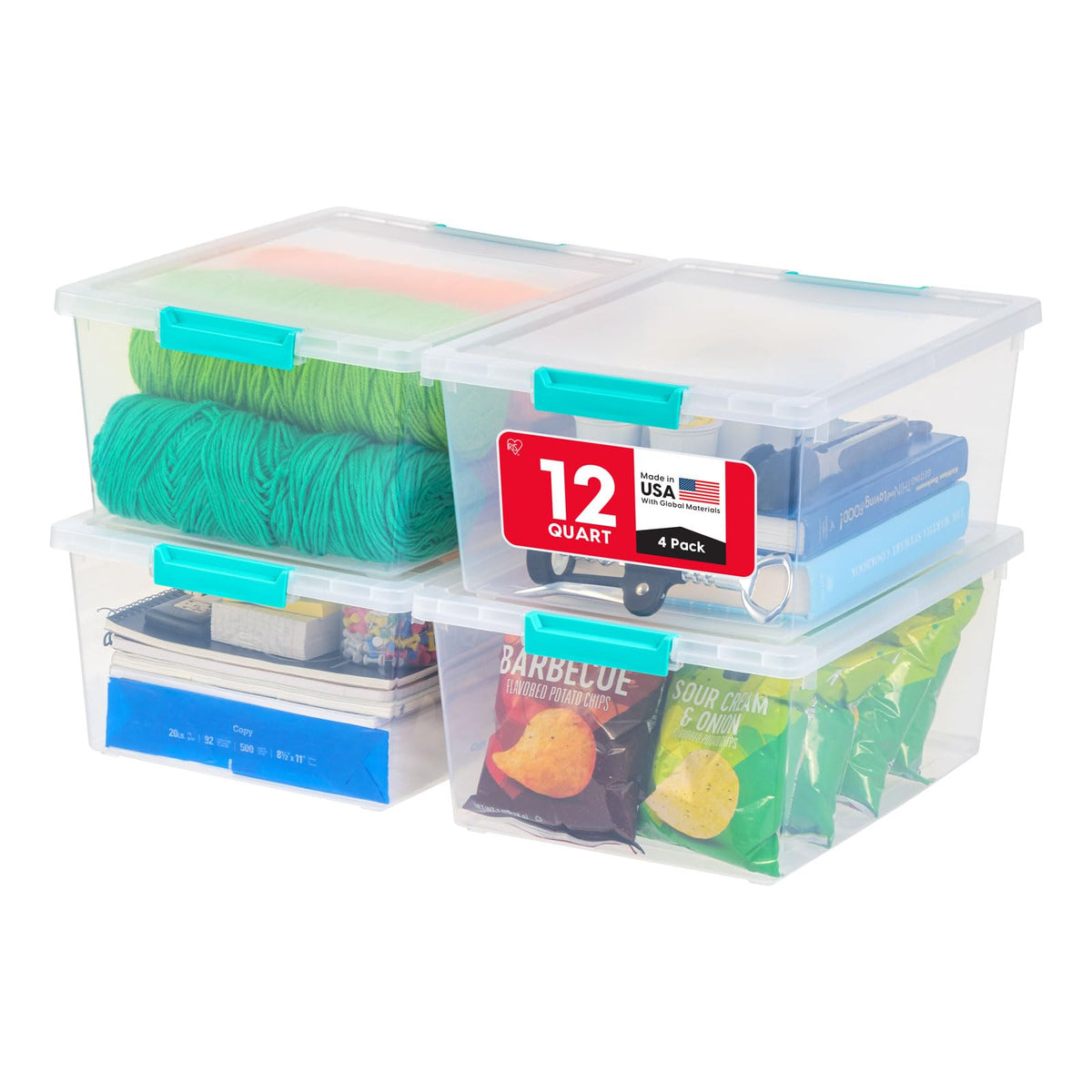 IRIS USA 4-Pack 12 Qt Storage Bins with Lids, Plastic Box, Clear/Black