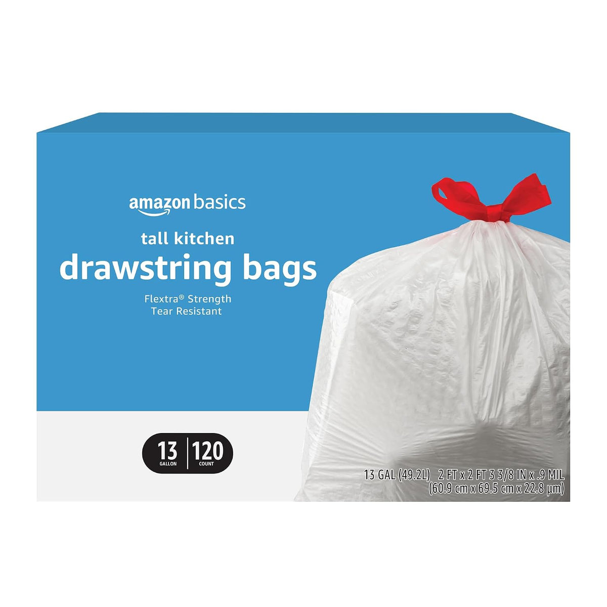 Amazon Basics 13 Gallon Flextra Strength Tall Kitchen Drawstring Trash Bags, Tear Resistant, 120 count