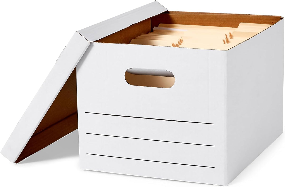 Amazon Basics Storage/Filing Boxes with Lift-Off Lid, Letter/Legal Size, Collapsible, Tape-Free Assembly, White, 16.2" L x 12.5" W x 10.5" H, 20-Pack