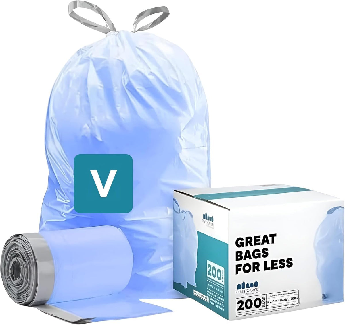 Plasticplace Custom Fit Trash Bags, Compatible with simplehuman Code V (200 Count) White Drawstring Garbage Liners 4.2-4.8 Gallon/ 16-18 Liter, 14.5" x 27.5"