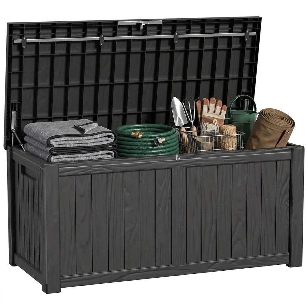 36 Gallon Outdoor Deck Box, Lockable Waterproof Outdoor Storage Boxes For Garden Tools,Indoor Cushions,Accessories Outside Storage Resin Weatherproof Container(Black)