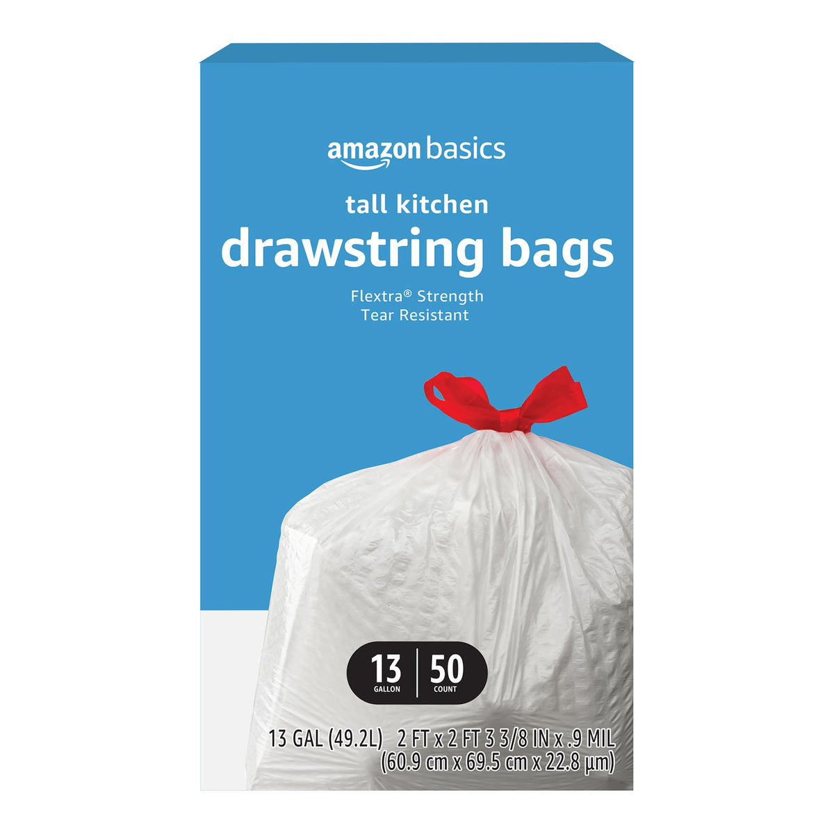 Amazon Basics 13 Gallon Flextra Strength Tall Kitchen Drawstring Trash Bags, Tear Resistant, 90 count