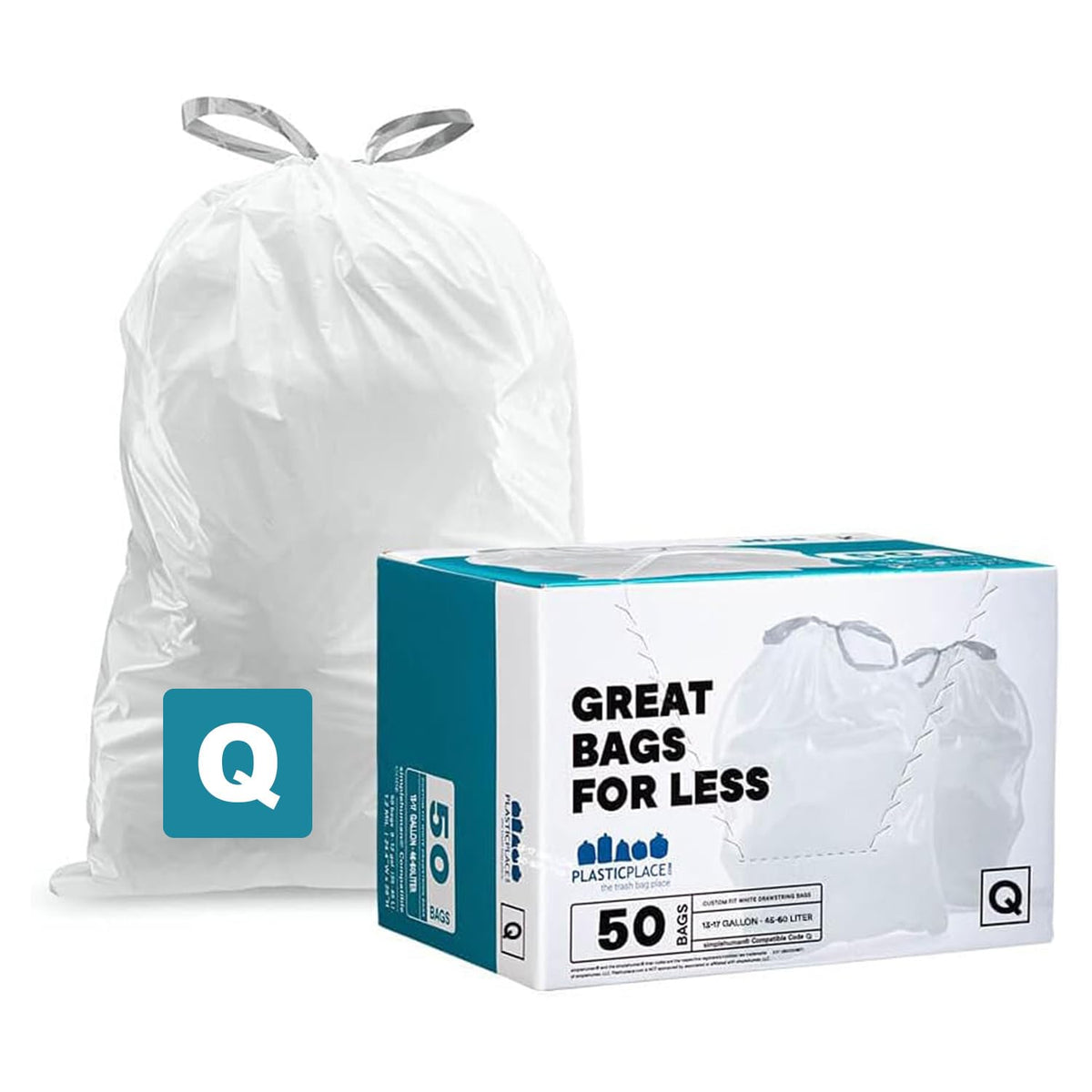 Plasticplace Custom Fit Trash Bags Compatible with simplehuman Code Q (200 Count) Drawstring Garbage Bags 13-17 Gallon White, Tear-Resistant Tall Kitchen Trash Bags for Garbage Cans Recycling 1.2 Mil