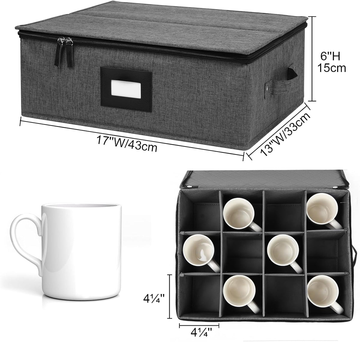 Mug Storage Box with Dividers 2 Pack, Hard Top Cup Storage for Coffee Mug
