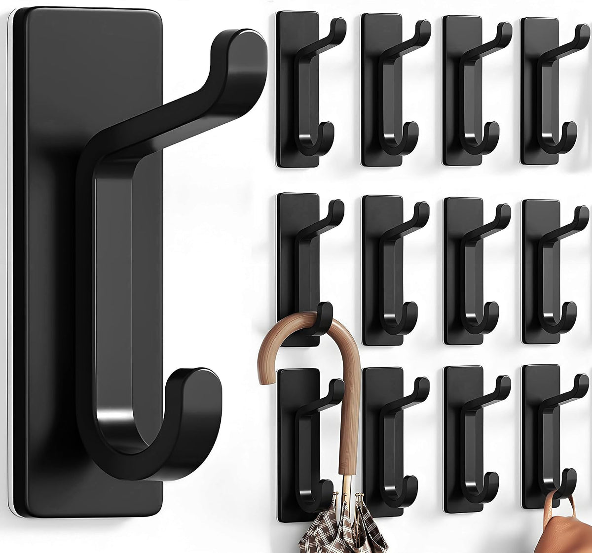 pickpiff 12 Pack Wall Hooks for Coat and Towel: 13LB Adhesive Door Hanger Stick on, Black