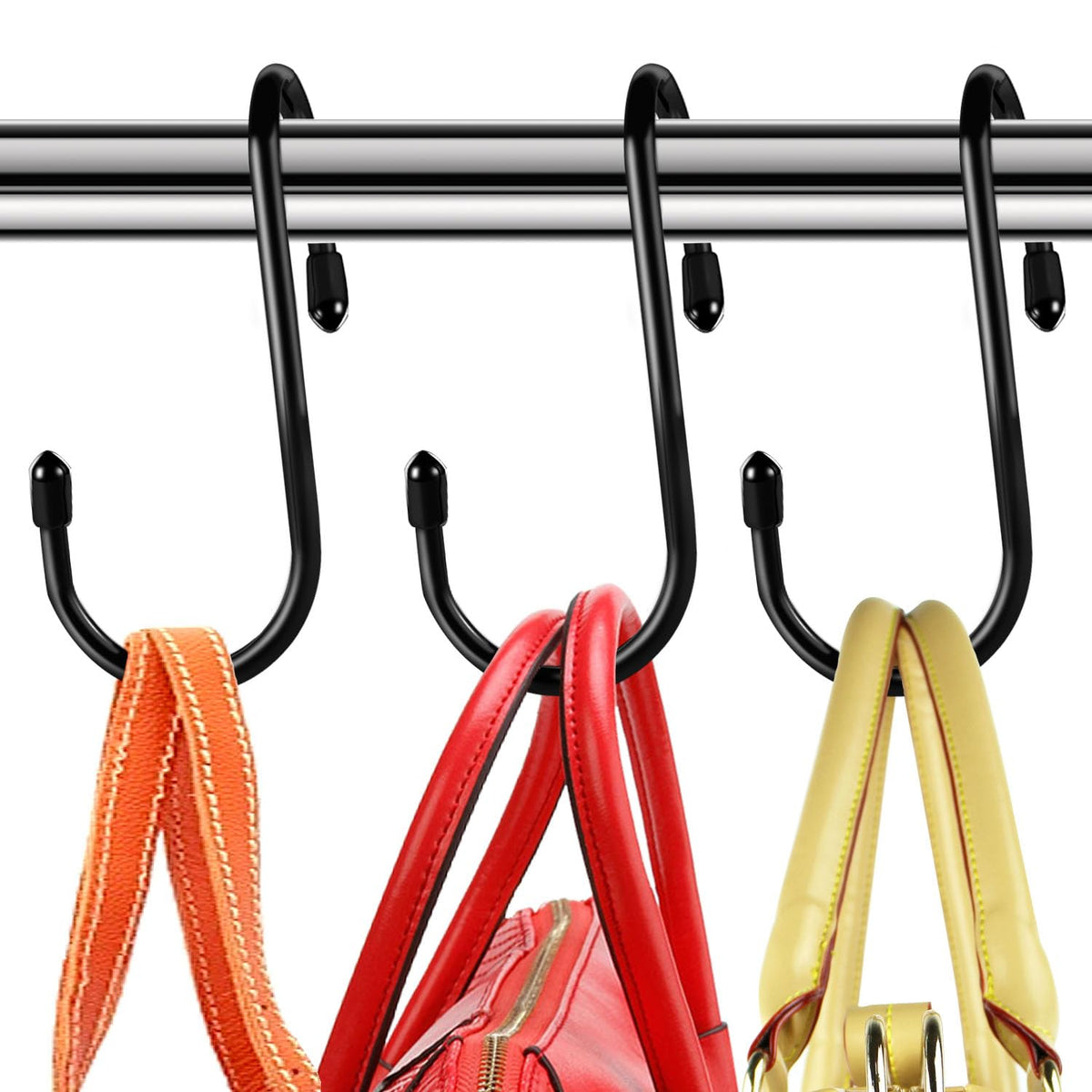 HiGift 8 Pack Purse Hanger for Closet, Vinyl Coated Unique Twist Design Black Bag Hanger Hooks, 5 Inch Large Closet Rod Home Storage Hooks Purse Organizer for Hanging Handbags, Belts, Hat, Backpack