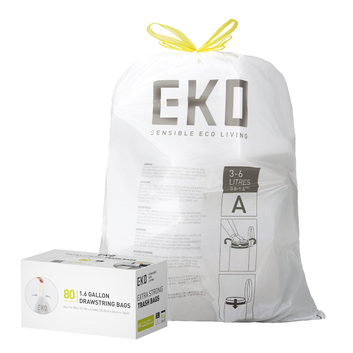 EKO 21 Gallon / 50-90 Liter, 60 Count Drawstring Trash Bags, Extra-Strong Unscented Garbage Bags, Easy-Dispense Roll for Kitchen & Household Use, Code G, White