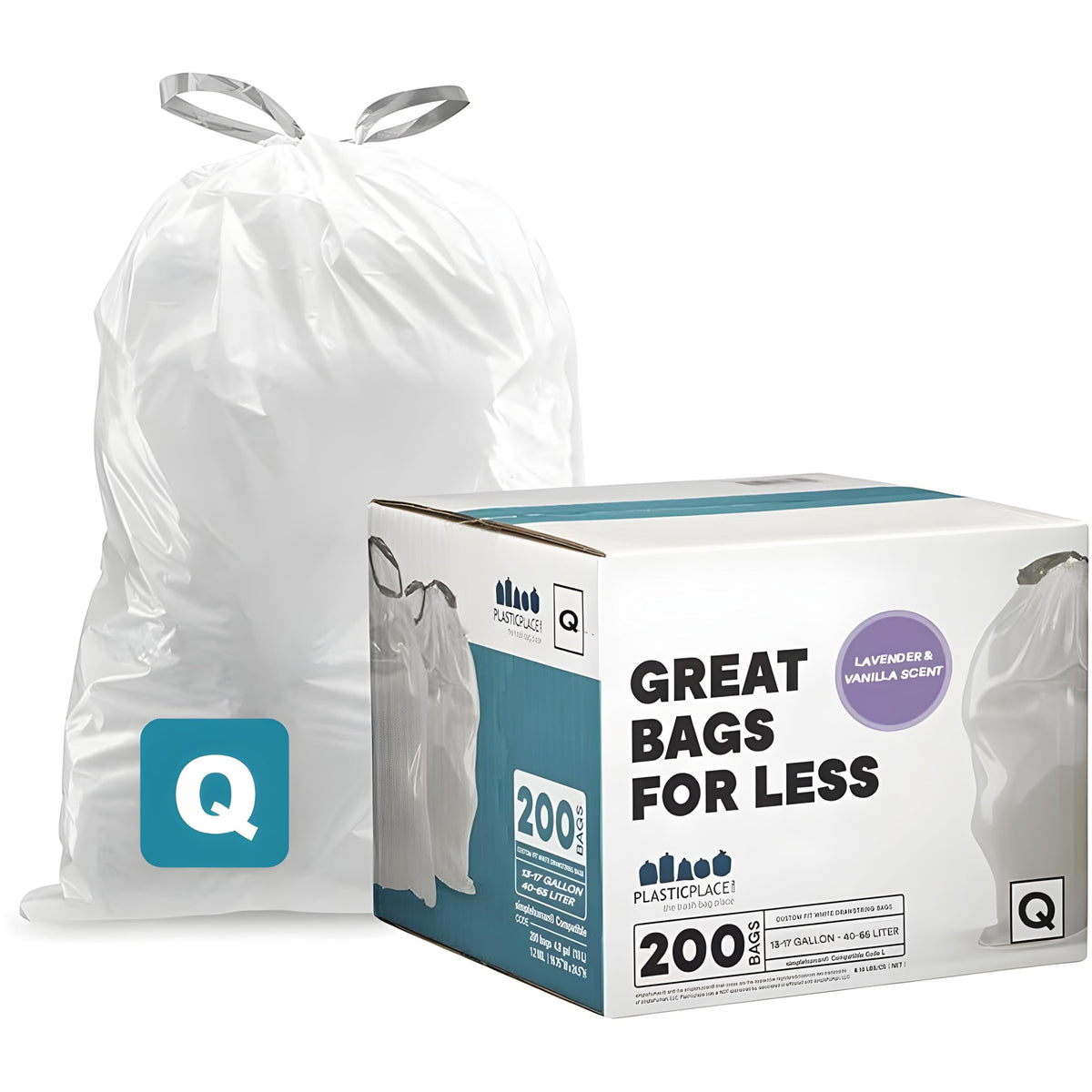 Plasticplace Custom Fit Trash Bags Compatible with simplehuman Code Q (200 Count) Drawstring Garbage Bags 13-17 Gallon White, Tear-Resistant Tall Kitchen Trash Bags for Garbage Cans Recycling 1.2 Mil