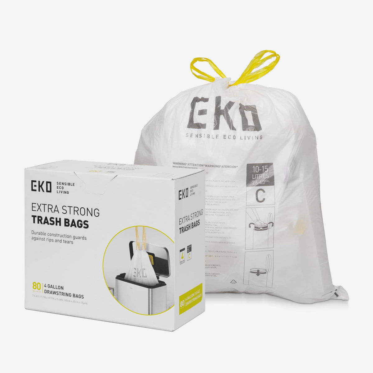 EKO 21 Gallon / 50-90 Liter, 60 Count Drawstring Trash Bags, Extra-Strong Unscented Garbage Bags, Easy-Dispense Roll for Kitchen & Household Use, Code G, White