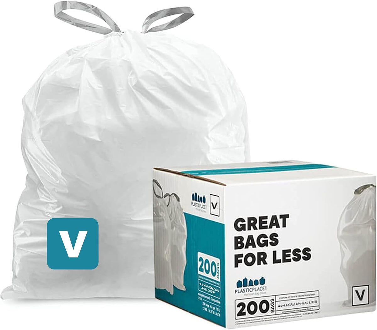Plasticplace Custom Fit Trash Bags, Compatible with simplehuman Code V (200 Count) White Drawstring Garbage Liners 4.2-4.8 Gallon/ 16-18 Liter, 14.5" x 27.5"