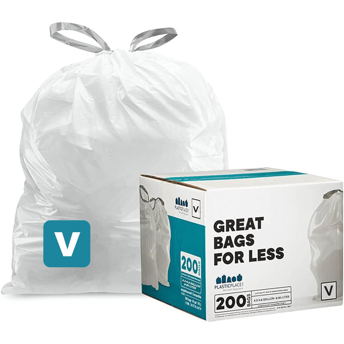 Plasticplace Custom Fit Trash Bags, Compatible with simplehuman Code V (200 Count) White Drawstring Garbage Liners 4.2-4.8 Gallon/ 16-18 Liter, 14.5" x 27.5"