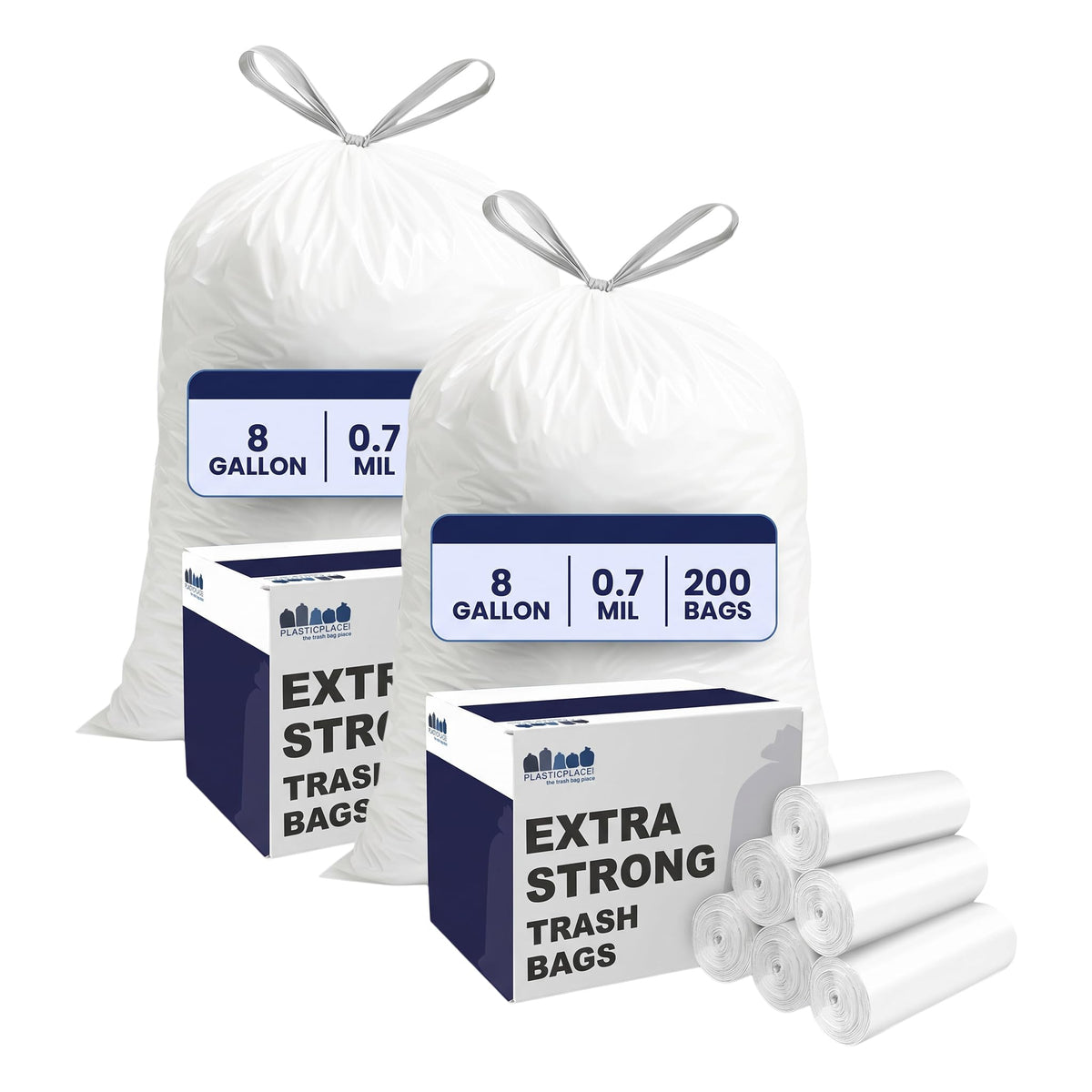 Plasticplace 8 Gallon Trash Bags -White Drawstring Garbage Can Liners - 200 Count - Leak-Resistant and Tear-Proof for Kitchen, Bathroom, Office, and Small Trash Cans 0.7 Mil