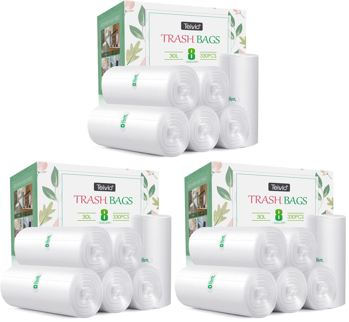 Teivio Medium Clear Trash Bags 8 Gallon 330 Count Kitchen Garbage Bags