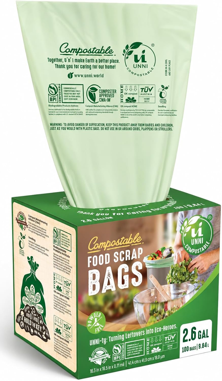 UNNI 2.6 Gallon Compostable Bags, 100 Count, 10 Liter, Extra Thick 0.71 Mil