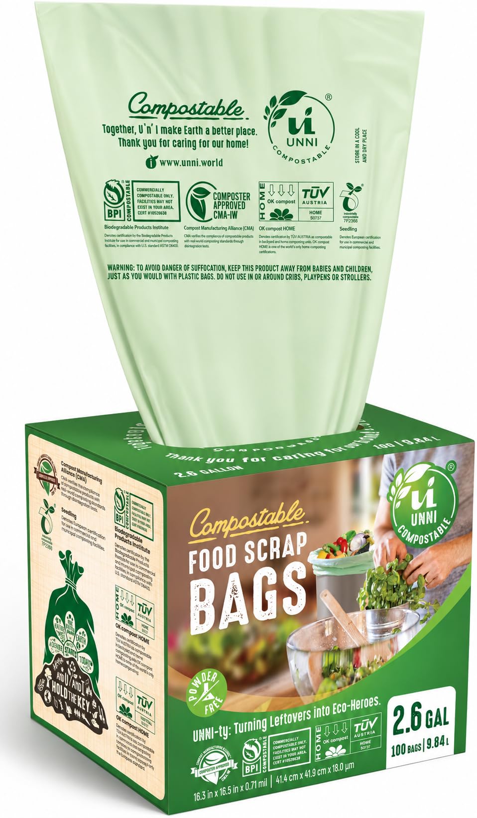 UNNI 2.6 Gallon Compostable Bags, 100 Count, 10 Liter, Extra Thick 0.71 Mil