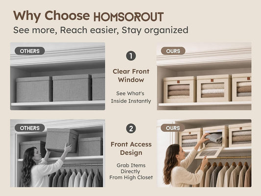 Homsorout Large Closet Storage Organizer - Clothes Storage Bins with Handles & Window, Collapsible Decorative Boxes with Lids, Fabric Containers for Living Room, Dorm, 2 Pack, Beige