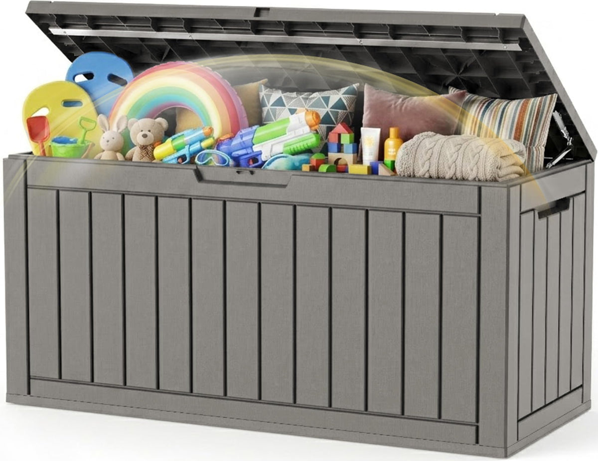 EFU Outdoor Storage Box, 150 Gal Gen 2 Resin Deck Box w/Gas Struts & Wheels
