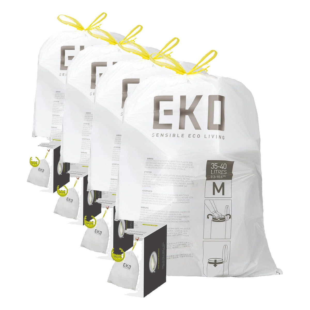 EKO 21 Gallon / 50-90 Liter, 60 Count Drawstring Trash Bags, Extra-Strong Unscented Garbage Bags, Easy-Dispense Roll for Kitchen & Household Use, Code G, White