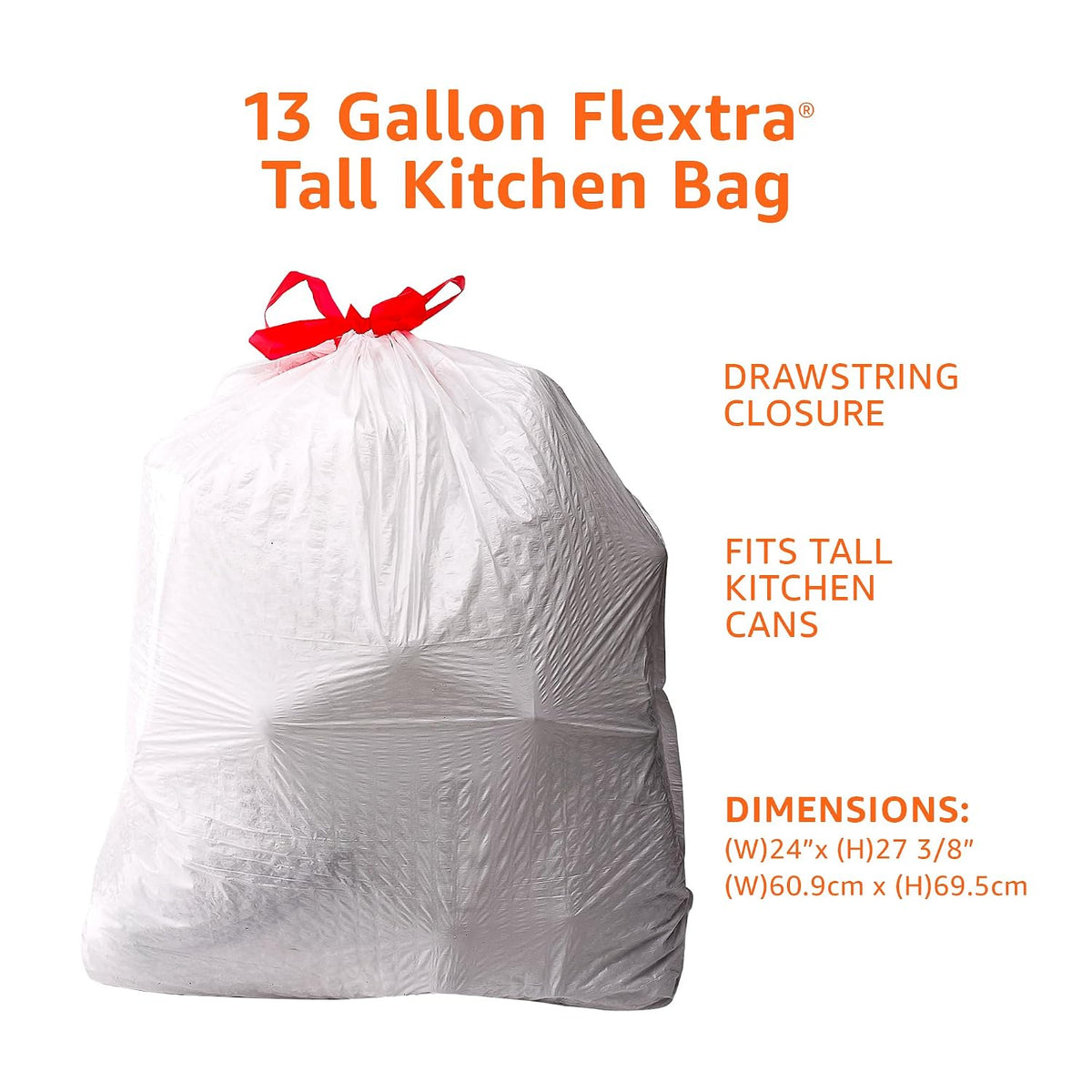 Amazon Basics 13 Gallon Flextra Strength Tall Kitchen Drawstring Trash Bags, Tear Resistant, 120 count