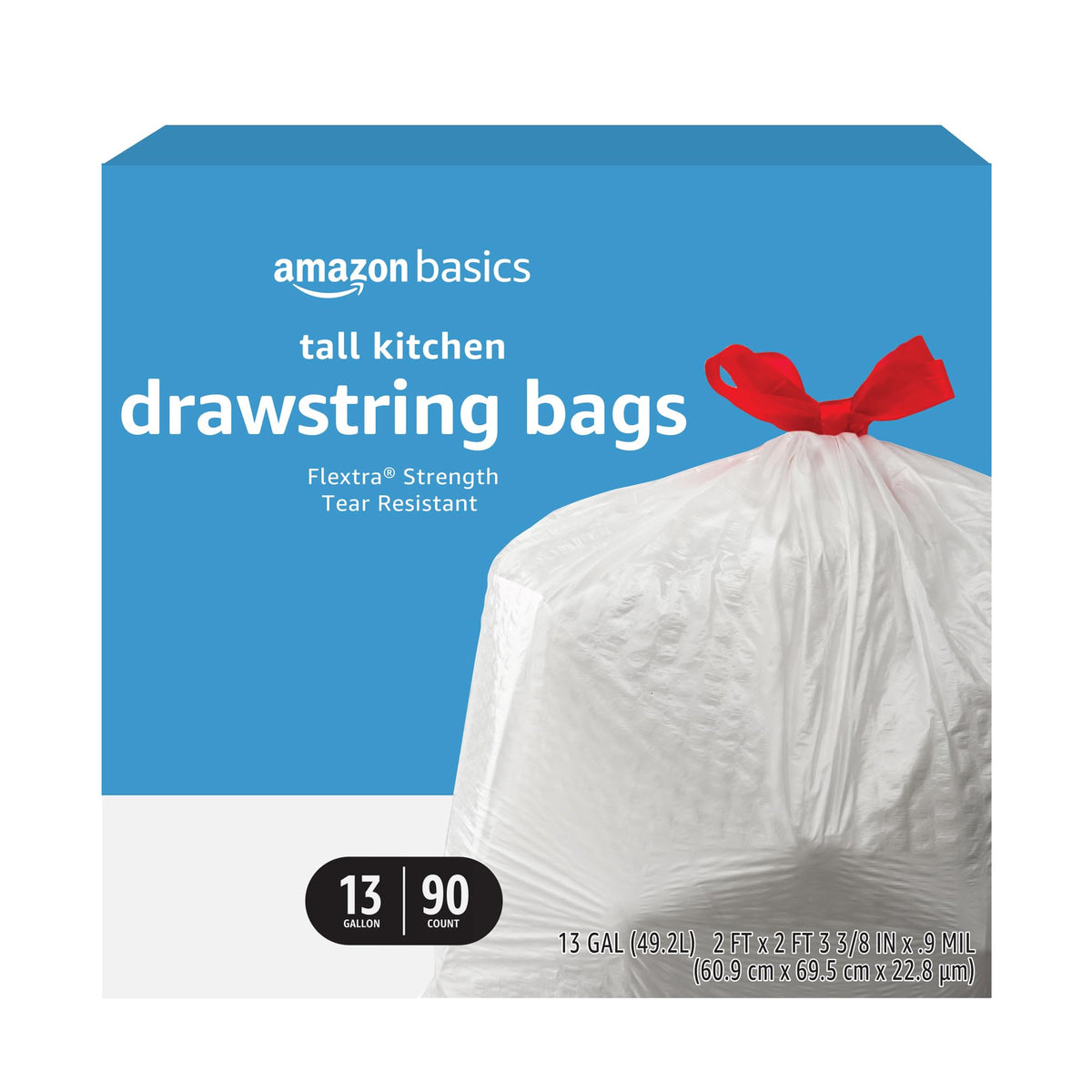 Amazon Basics 13 Gallon Flextra Strength Tall Kitchen Drawstring Trash Bags, Tear Resistant, 120 count