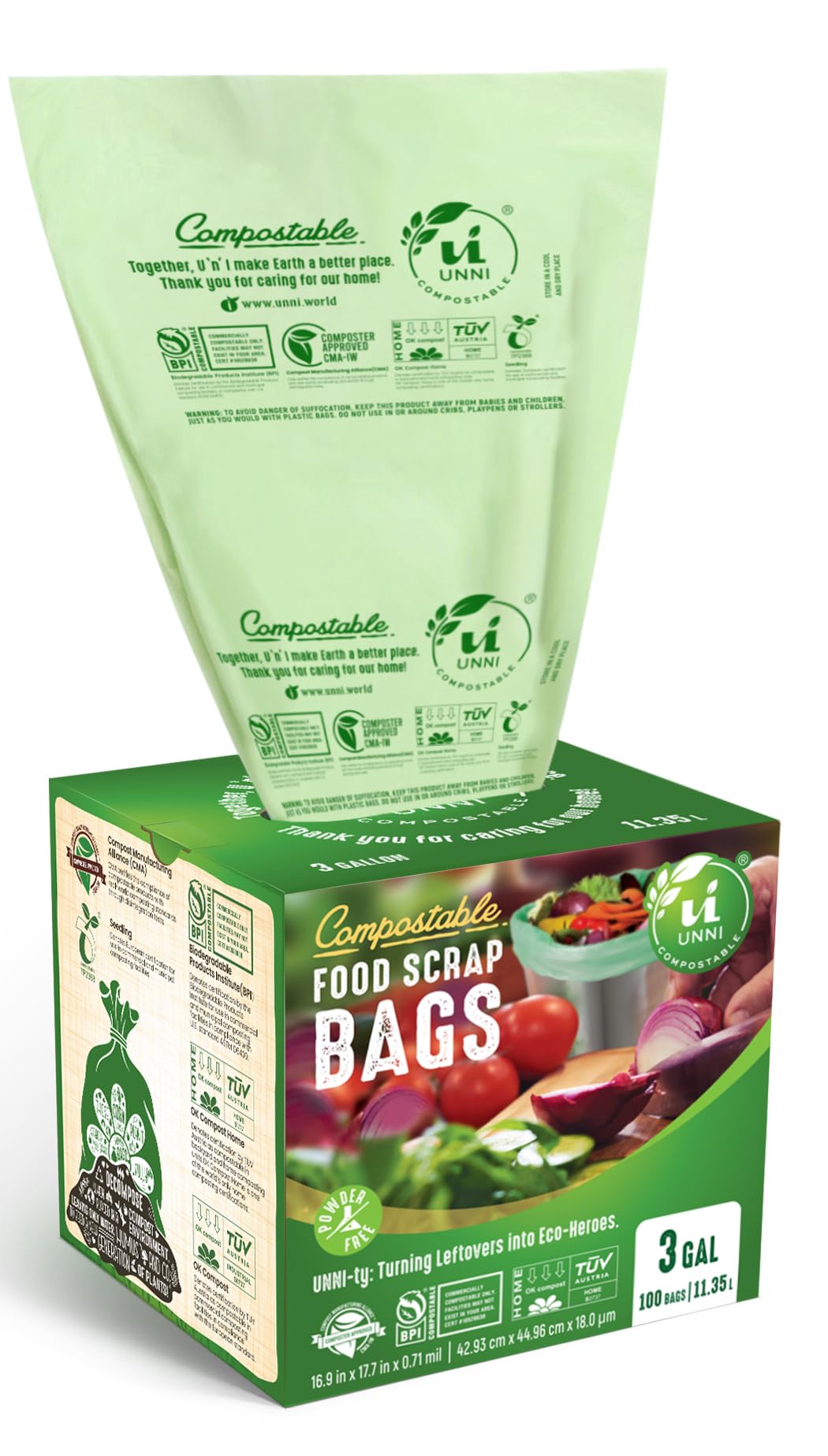 UNNI 2.6 Gallon Compostable Bags, 100 Count, 10 Liter, Extra Thick 0.71 Mil