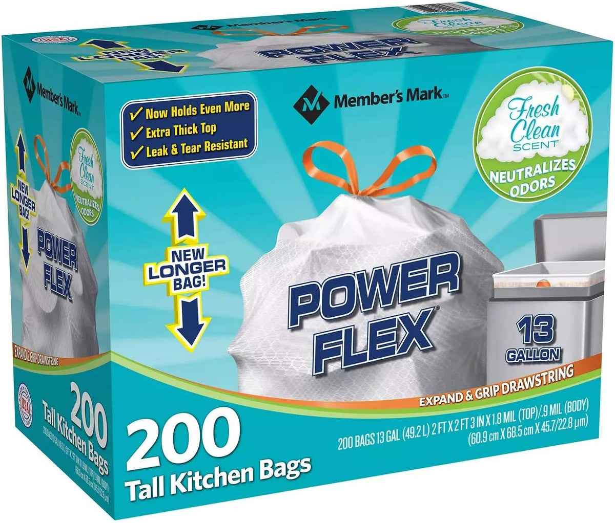 Member's Mark Power Flex Tall Kitchen Drawstring Trash Bags (13 Gallon, 2 Rolls of 100 ct., 200 count total)