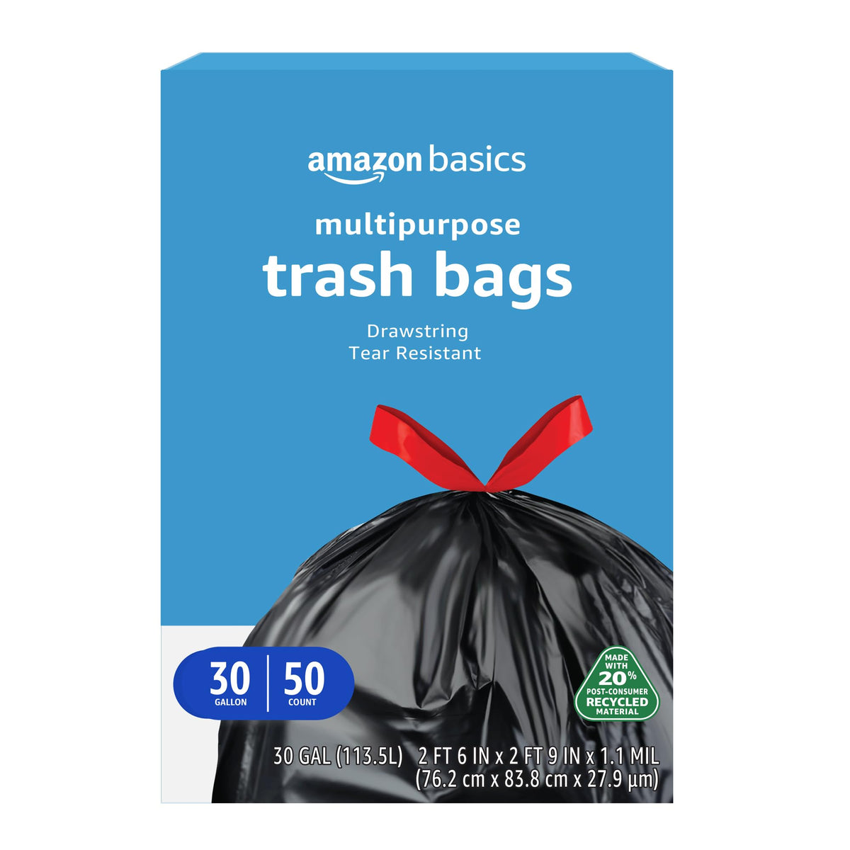 Amazon Basics 30 Gallon Multipurpose Drawstring Trash Bags, 20% Post Consumer Recycled, Black with Red Drawstring, 50 Count