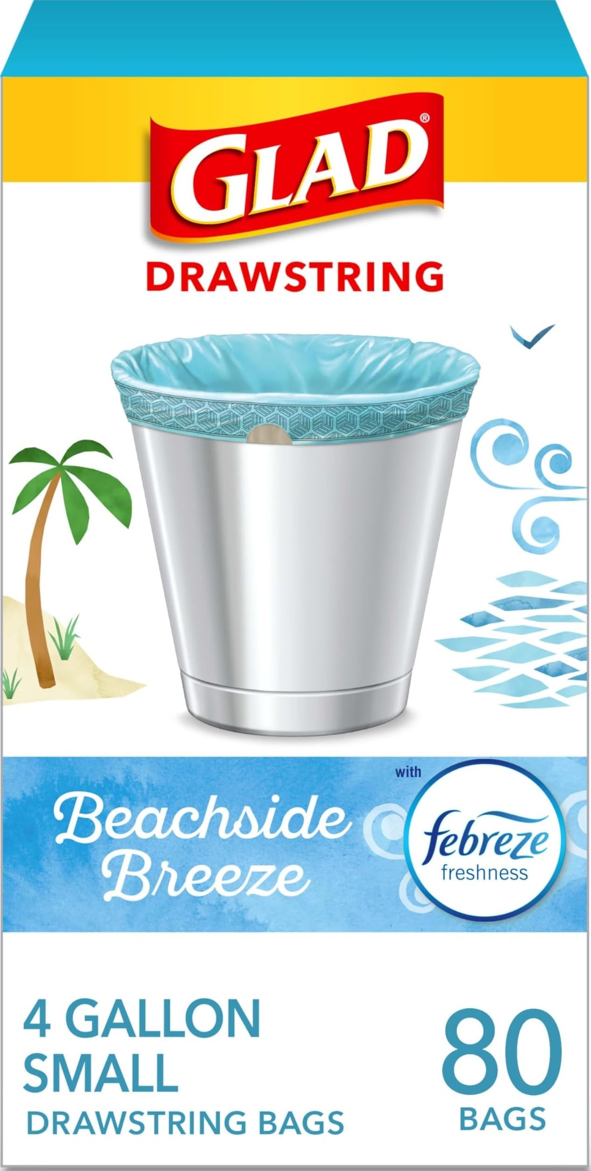 Glad Small Trash Bags, Great for Office, Bathrooms and Bedroom Bins, Beachside Breeze Scented Garbage Bags, Odor Resistant with Drawstring, Febreze Freshness, 4 Gallon Trash Bags, 80 Count