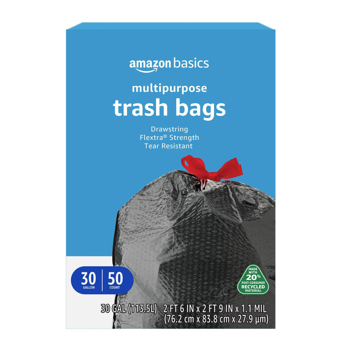 Amazon Basics 30 Gallon Flextra Strength Multipurpose Drawstring Trash Bags, 20% Post Consumer Recycled Material, Tear Resistant, Black, 50 Count