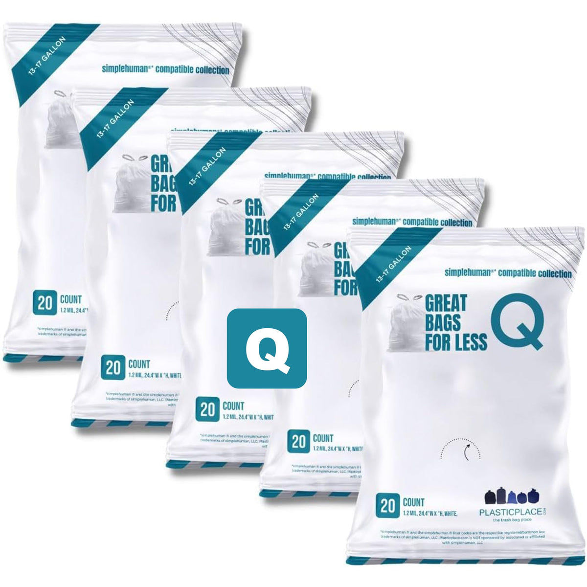 Plasticplace Custom Fit Trash Bags Compatible with simplehuman Code Q (200 Count) Drawstring Garbage Bags 13-17 Gallon White, Tear-Resistant Tall Kitchen Trash Bags for Garbage Cans Recycling 1.2 Mil