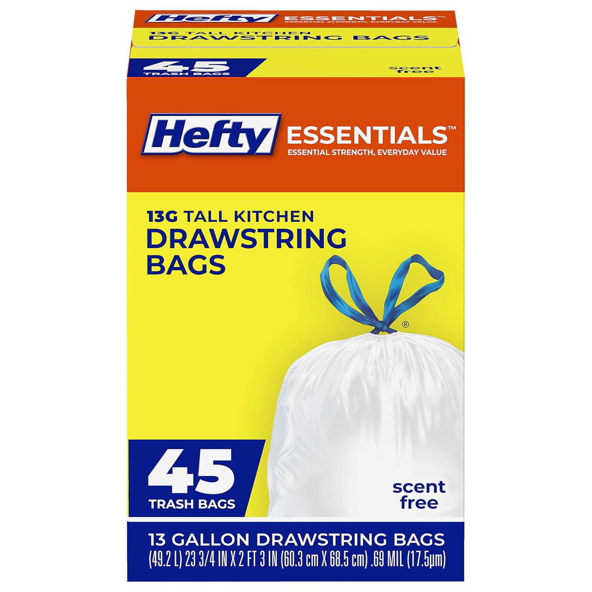 Hefty Essentials 13 Gallon Kitchen Trash Bags, White, Unscented, 45ct