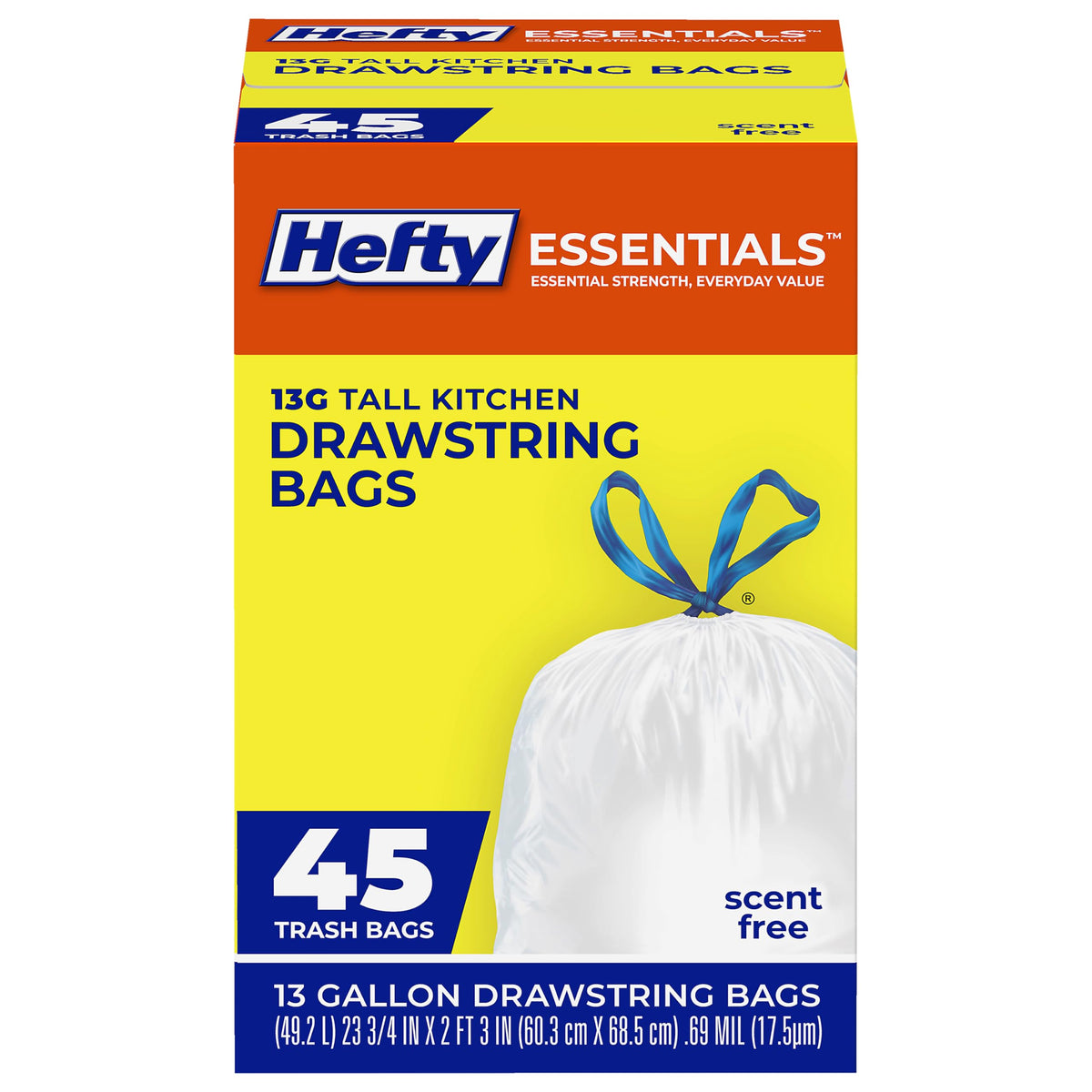 Hefty Essentials 13 Gallon Kitchen Trash Bags, White, Unscented, 45ct
