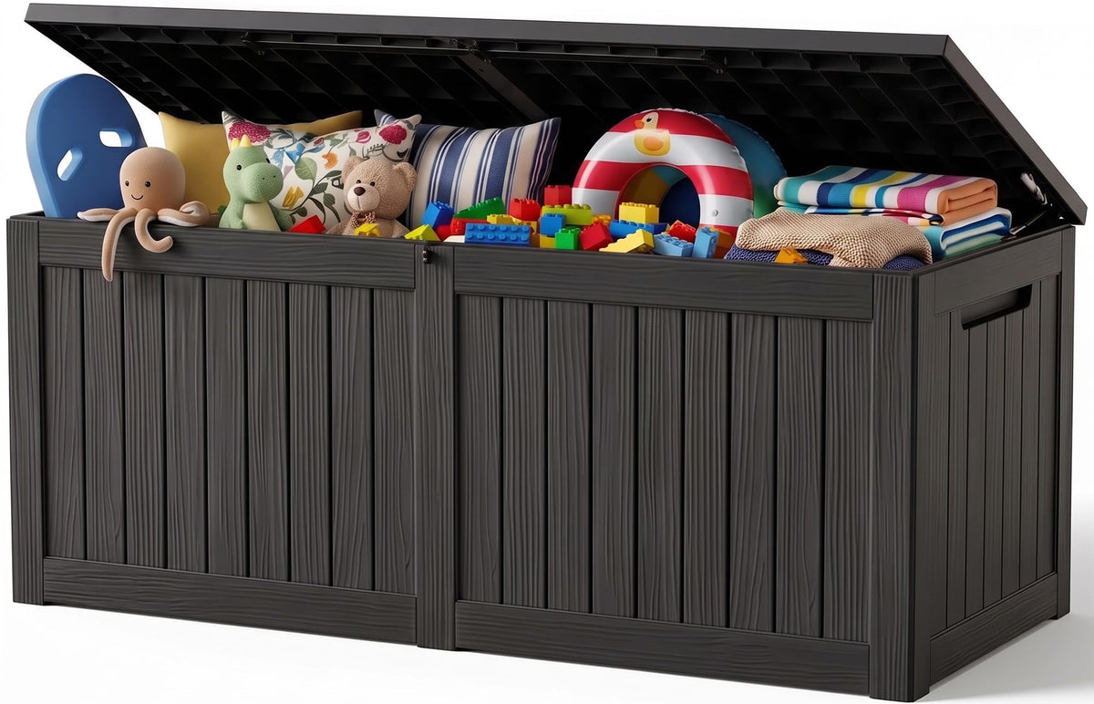 Outdoor Storage Box, 170 Gal Waterproof Resin Deck Box w/Support Rod