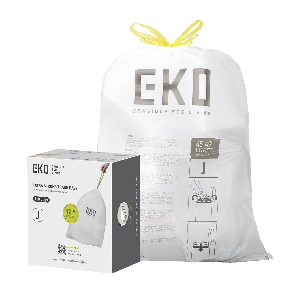 EKO 21 Gallon / 50-90 Liter, 60 Count Drawstring Trash Bags, Extra-Strong Unscented Garbage Bags, Easy-Dispense Roll for Kitchen & Household Use, Code G, White