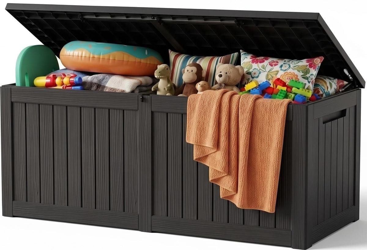 Outdoor Storage Box, 170 Gal Waterproof Resin Deck Box w/Support Rod