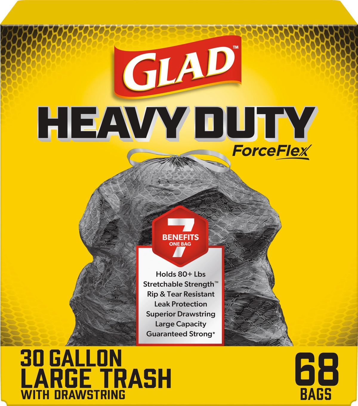 Glad Large 30 Gallon Trash Bags, Unscented Heavy Duty Garbage Bags, Forceflex with Drawstring, 50 Count (Packaging May Vary)