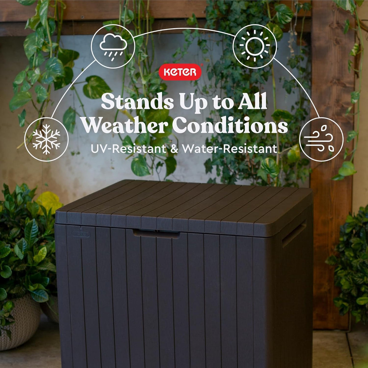 Keter City 30 Gallon Resin Outdoor Storage Box and Patio Furniture Side Table for Pool and Garden Accessories, Brown