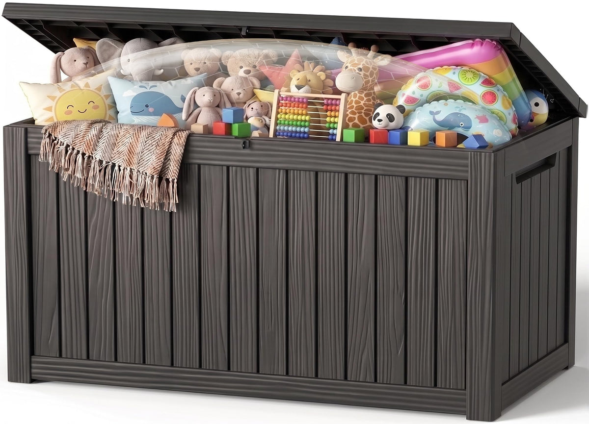 EFU Outdoor Storage Box, 150 Gal Gen 2 Resin Deck Box w/Gas Struts & Wheels