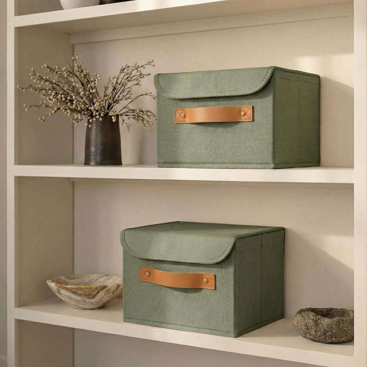 Decorative Linen Storage Boxes with Lids - Spacious Set of 2 Organizer Bins