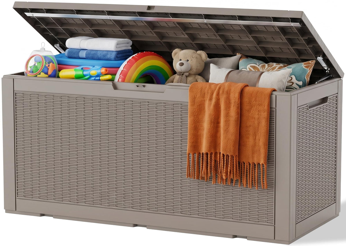 Outdoor Storage Box, 170 Gal Waterproof Resin Deck Box w/Support Rod