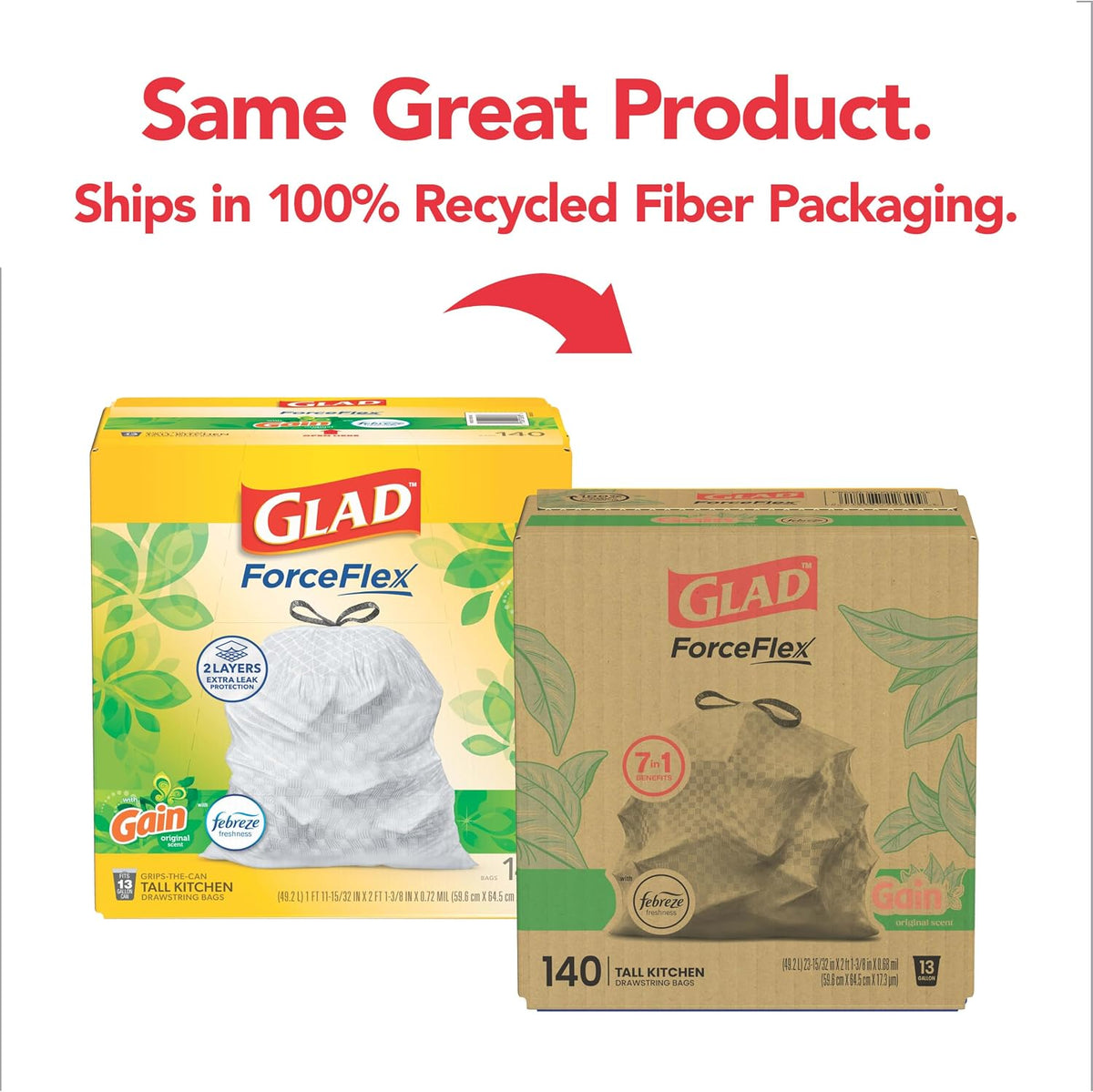 Glad ForceFlex Kitchen Trash Bags, Rip and Tear Resistant, Gain Original Scented Tall Garbage Bags, Odor Control, Febreze Freshness, 13 Gallon, 140 Count