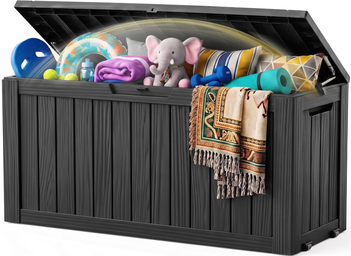 EFU Outdoor Storage Box, 150 Gal Gen 2 Resin Deck Box w/Gas Struts & Wheels