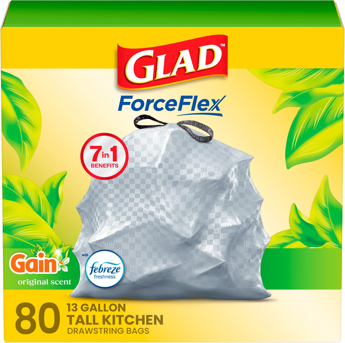Glad ForceFlex Tall Kitchen Trash Bags, 13 Gallon, Gain Original, 40 Count (Package May Vary)