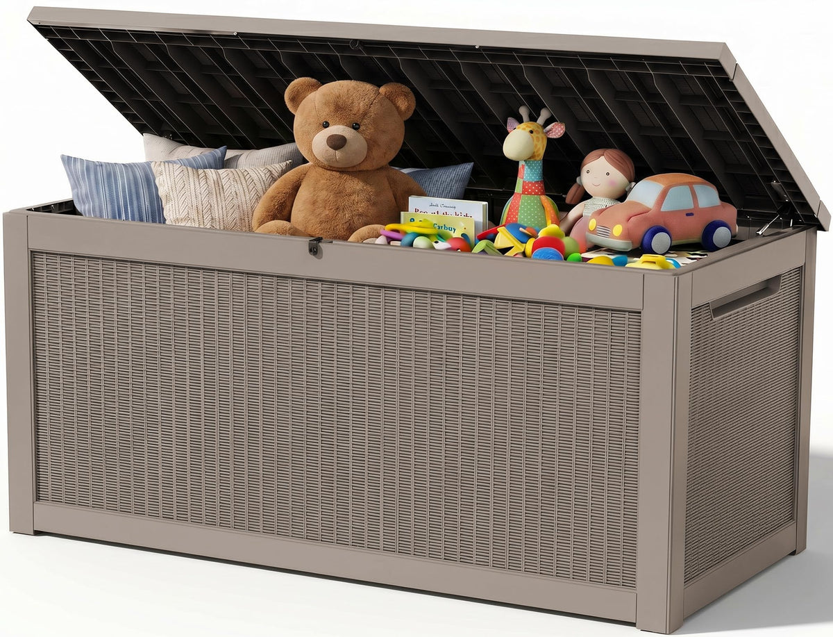 Outdoor Storage Box, 170 Gal Waterproof Resin Deck Box w/Support Rod